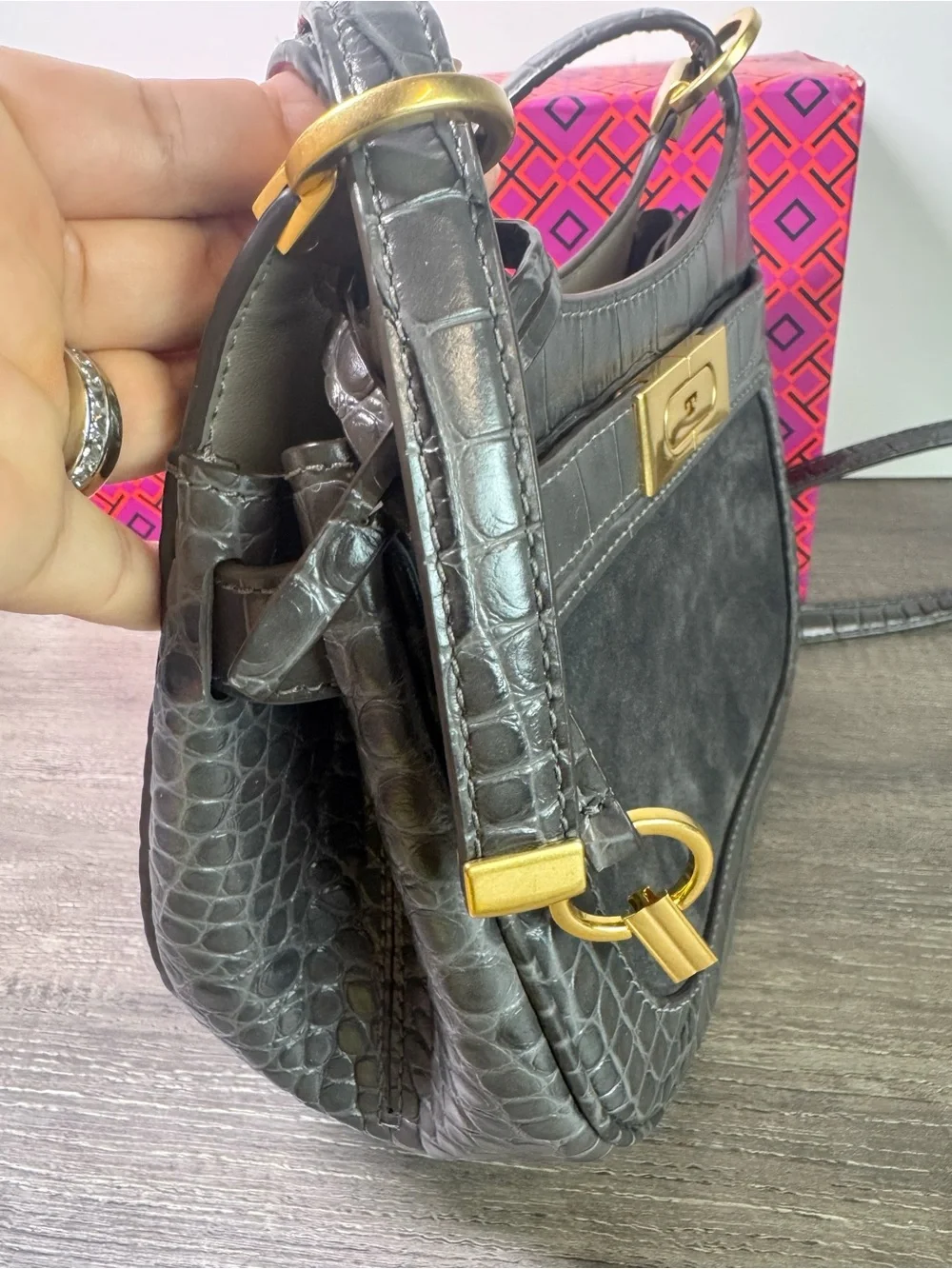 Tory Burch Lee Radziwill Gray Croc-Embossed Suede Saddle Bag with Gold Hardware
